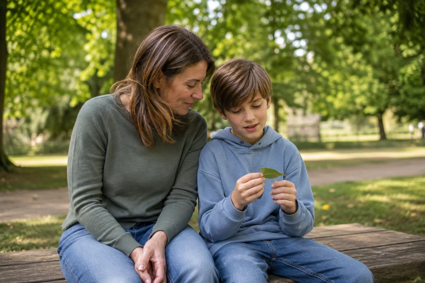 A parent and child sharing a quiet moment together in a leafy park
